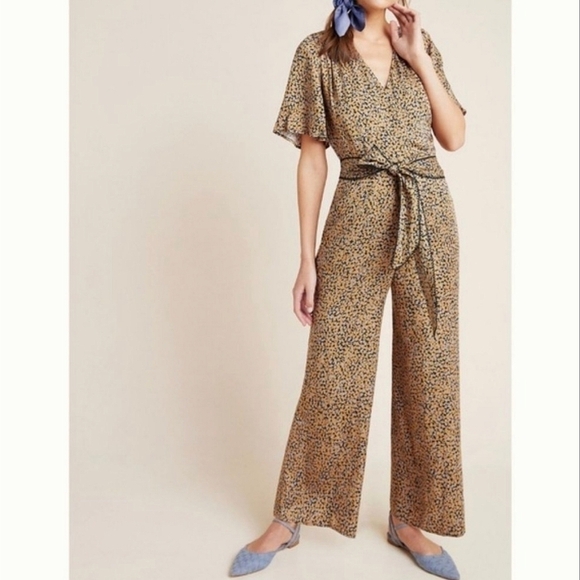 Greylin Anthropologie Galena Surplice Short Sleeve Wide Leg Jumpsuit Honey XS - Picture 16 of 16